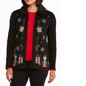 Victoria Jones Christmas Cardigan Sweater Black Embroidered Beaded Zip Fur M